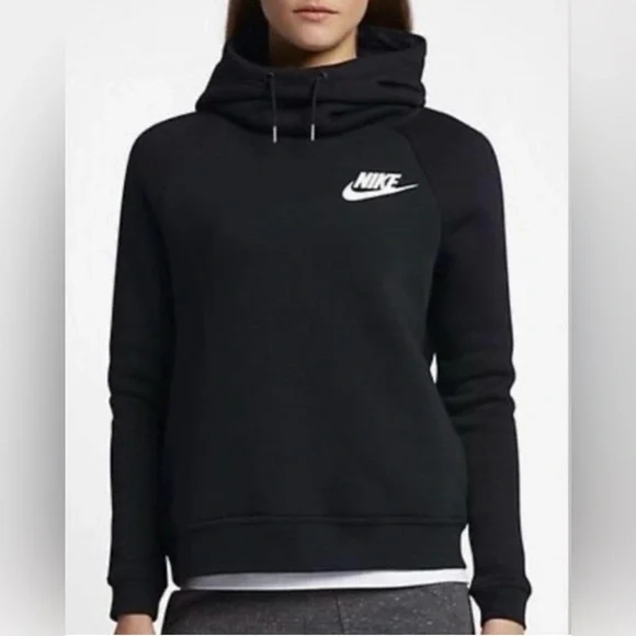 NIKE Women’s Black Funnel Neck Pocketed Hoodie Sweatshirt - Picture 1 of 5